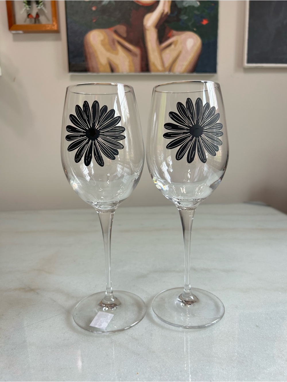 Black Daisy Floral Stem Glasses Set of 2 Minimalist Barware